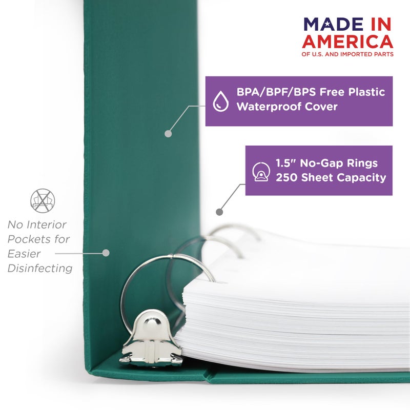 Carstens 1.5-Inch Heavy Duty 3-Ring Binder - Side Opening, Teal, Durable Plastic, Precision No-Gap Rings, Waterproof Covers, No Pockets, Holds 250 US Letter Sheets, BPA-Free, Made in USA (2043-3R) - Image 2